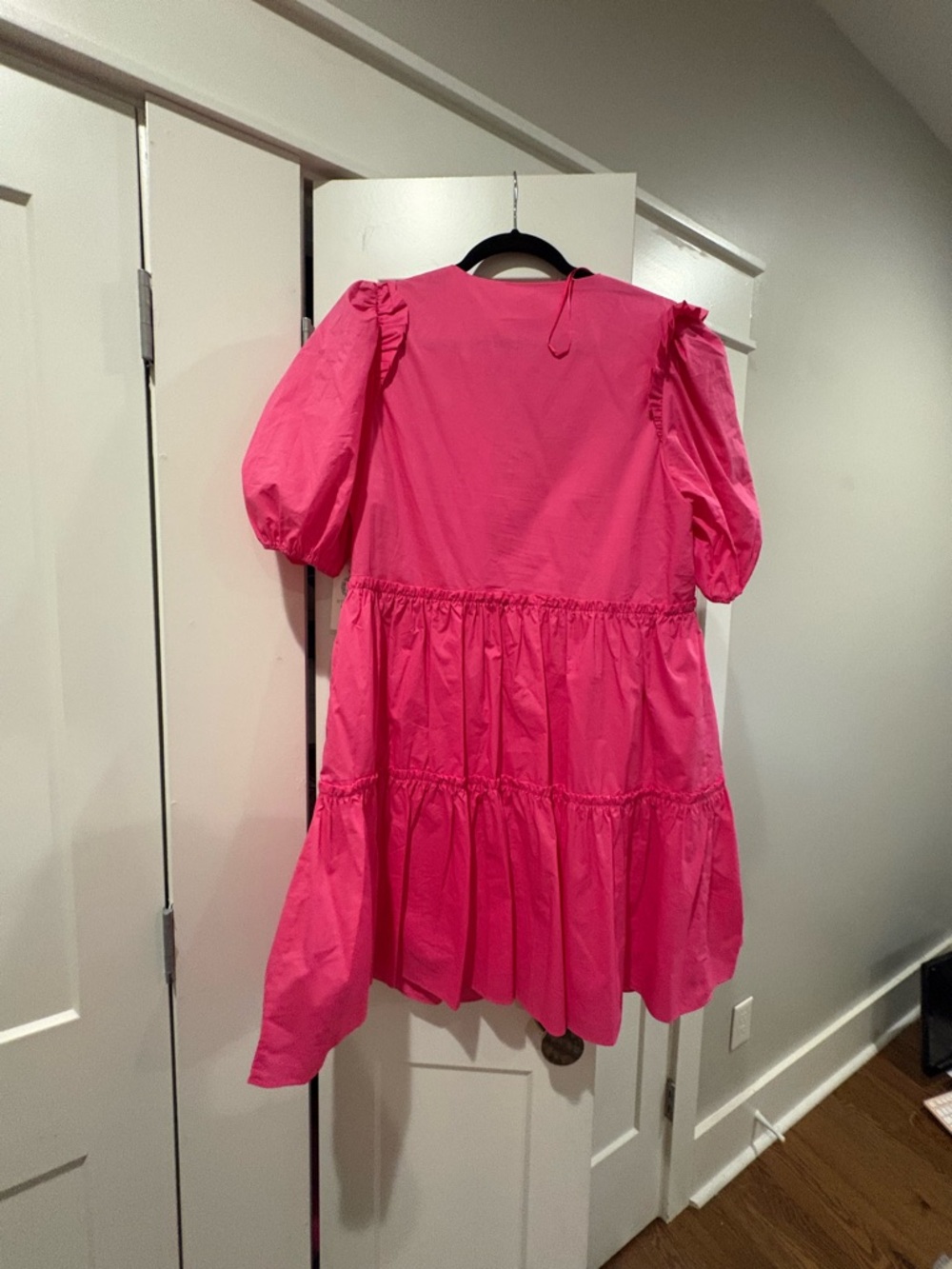 Puff-Sleeve Tiered Mini Dress in Hot Pink - Picture 5 of 5